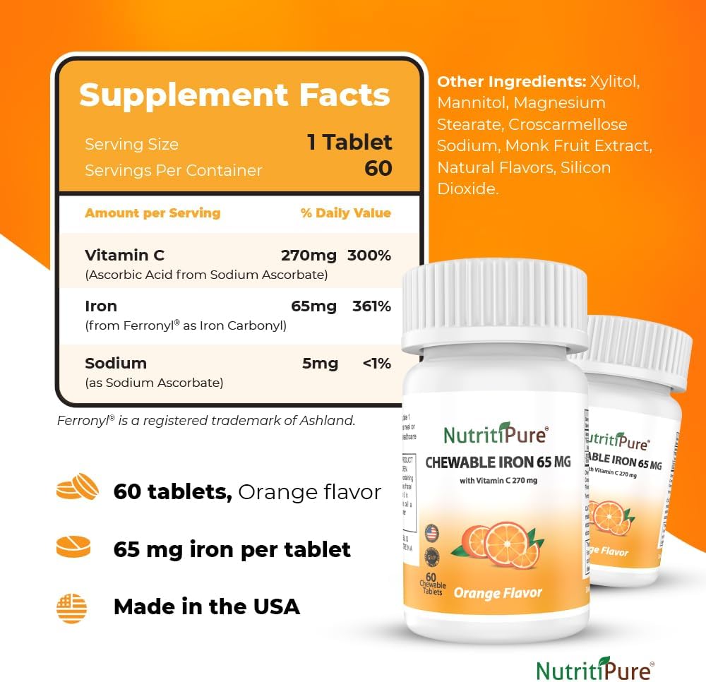 Chewable Iron 65 mg with Vitamin C 270 mg (for Women/Men) |60 Days Supply | No Sugar- Zesty Orange Flavor Supplement 60 Count