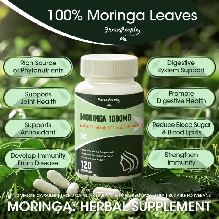 Liposome Moringa Capsules 1000mg - 10X Absorption 7- in -1 Pure Moringa Powder Supplement Green Antioxidant Superfood with Turmeric for Energy/Immune/Gut Health 120Pcs 60 Day Vegan