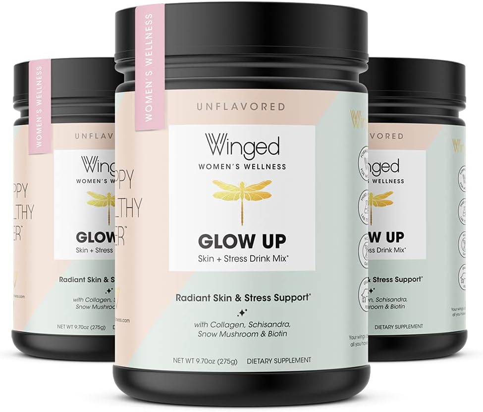 Winged Wellness Glow Up, Collagen Powder for Women - Hair, Skin & Nails Beauty Supplement with Grass-Fed Hydrolyzed Collagen Peptides Adaptogens, Vitamin C & Biotin – 3-Pack, Unflavored