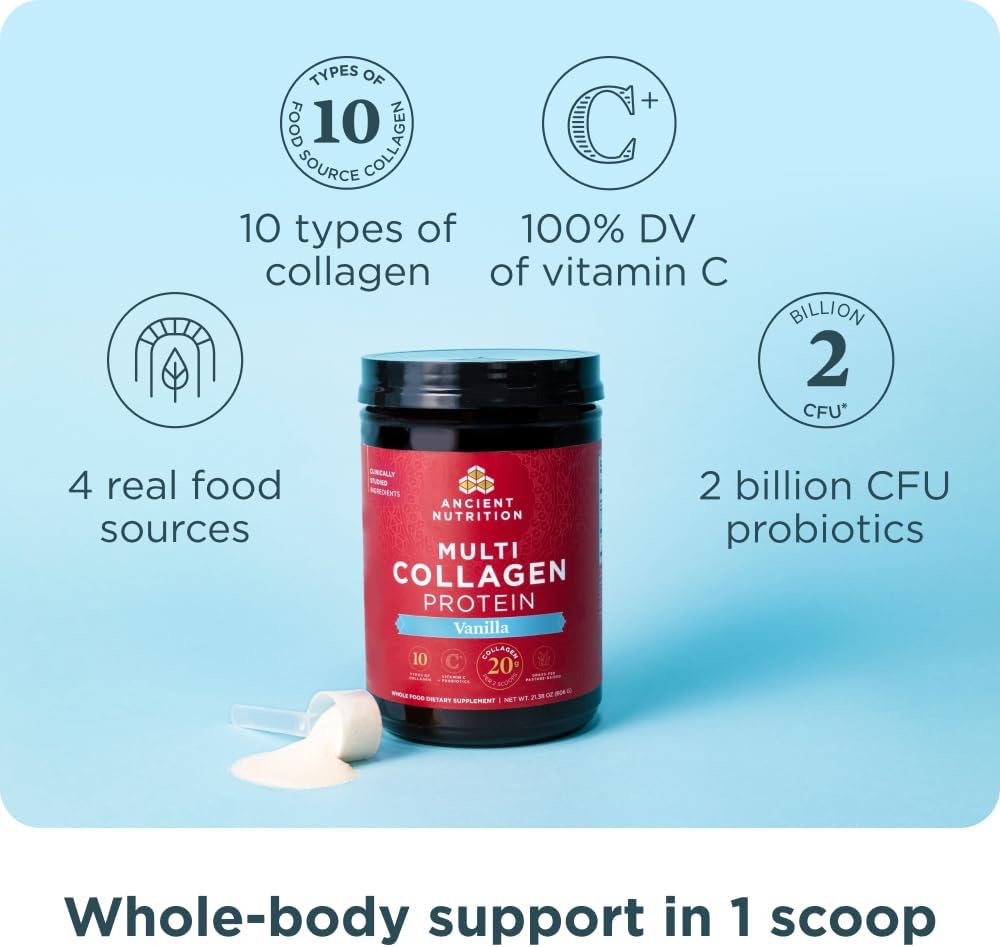 Ancient Nutrition Collagen Peptides Powder, Multi Collagen Protein, Women & Men, Vitamin C, Probiotics, Hydrolyzed Collagen, Supports Skin, Joints, Gut Health, Vanilla, 24 Servings