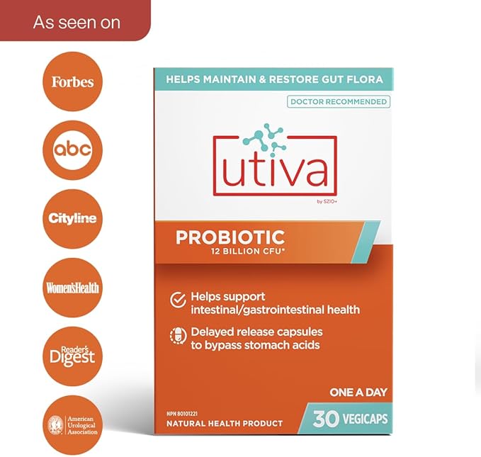 Szio+ Utiva Probiotic – Urinary Tract and Gut Health Supplement – 12 Billion CFU Lactobacillus & Bifidobacterium Probiotic for Men and Women, 30 Delayed Release Vegi Capsules