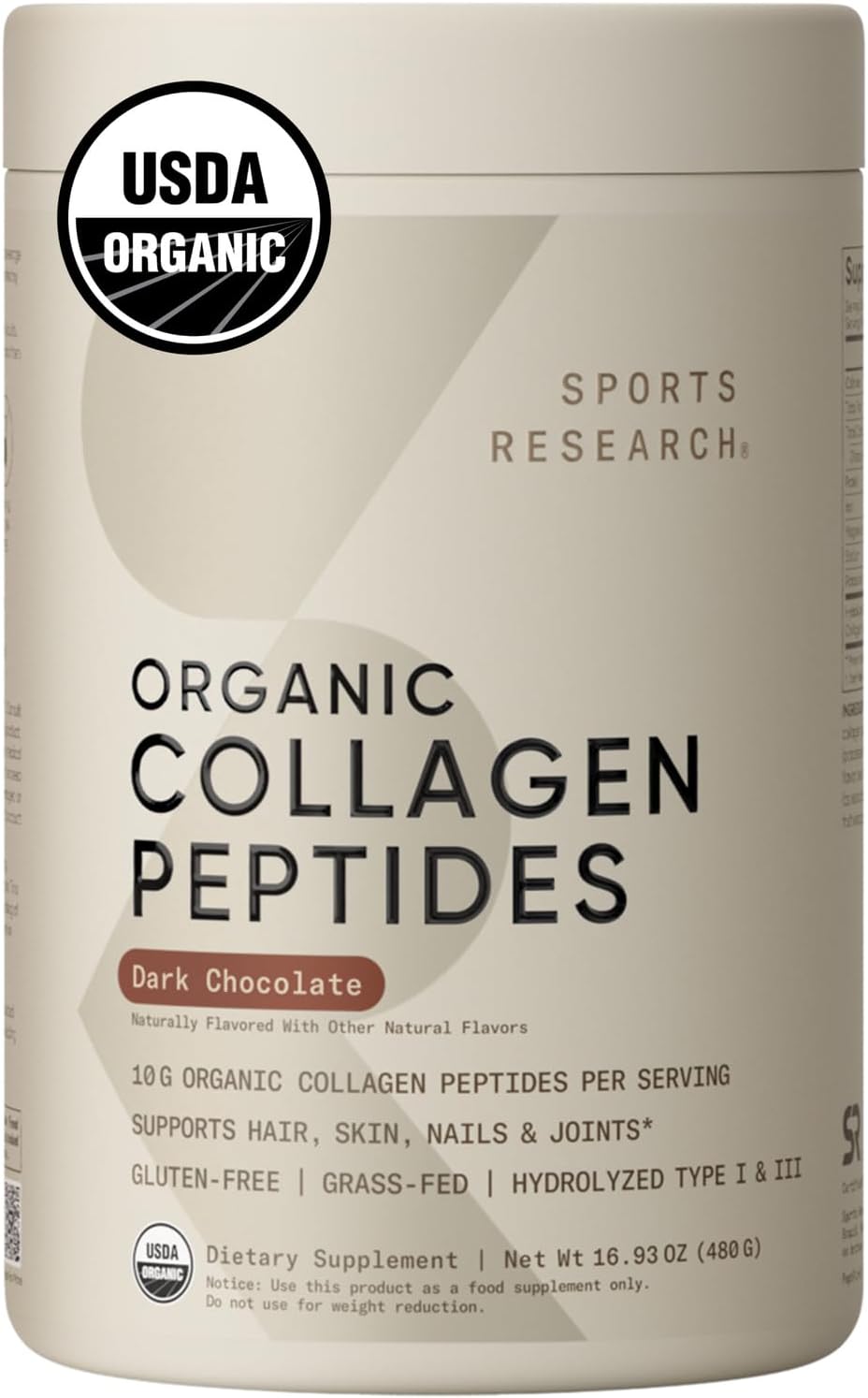 Sports Research Organic Collagen Powder - Hydrolyzed Type I & III Collagen Protein - USDA Organic, Gluten Free, Sustainably Sourced - Dark Chocolate - 30 Servings