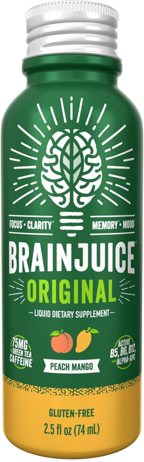 BrainJuice Brain Support Shot, Gluten Free Supplement Shots for Energy & Focus, Healthy Drinks with Alpha GPC, Vitamin B & Organic Green Tea Extract Caffeine, Peach Mango, 2.5 fl oz, 12 Pack