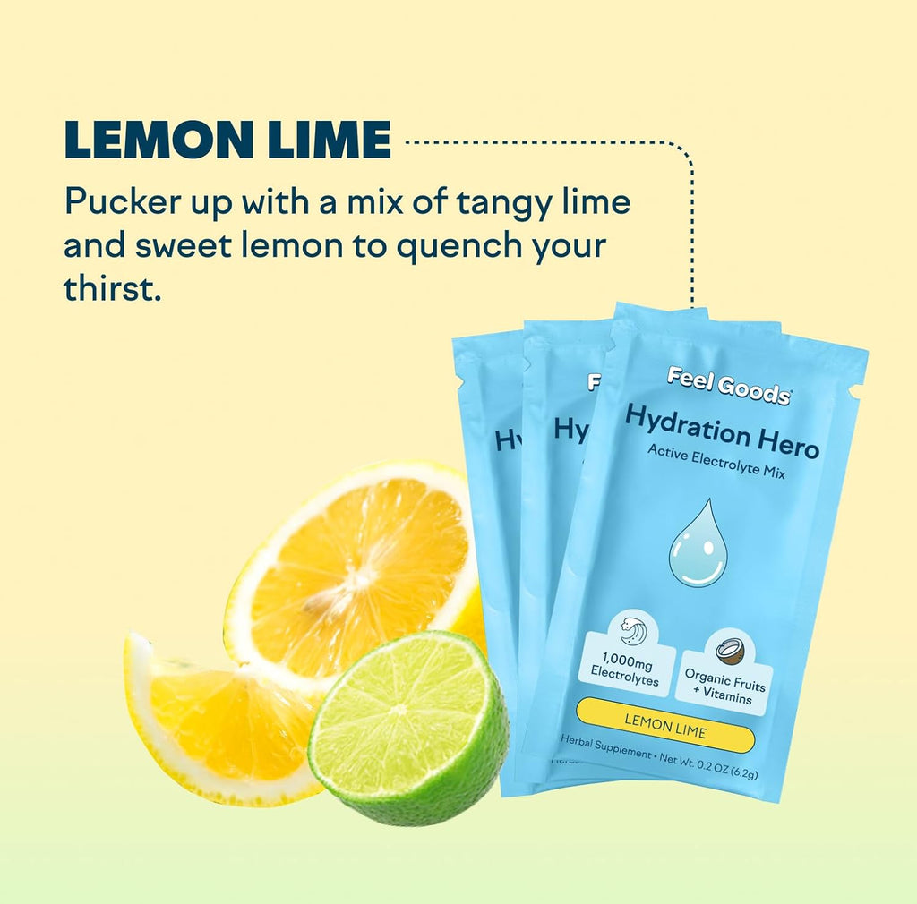 Feel Goods Hydration Hero, 1,000mg Electrolytes Powder, Sugar Free, Magnesium, Organic Aloe Vera, L Theanine, Vitamin C & B12, Non GMO, Keto, Vegan, Electrolyte Packets | Lemon Lime, 15 Count