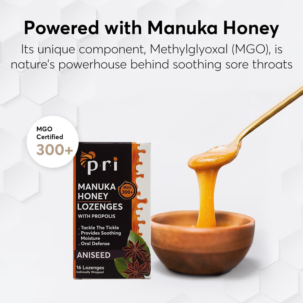 P.R.I Manuka Honey Lozenges with Propolis, Soothing Cough and Throat Drops, MGO 300+ Certified, (Original Aniseed, 16 Count)