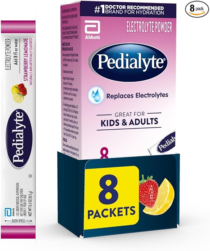 Pedialyte Electrolyte Powder, Hydration Drink for Kids & Adults, Strawberry Lemonade, 8 Powder Packets