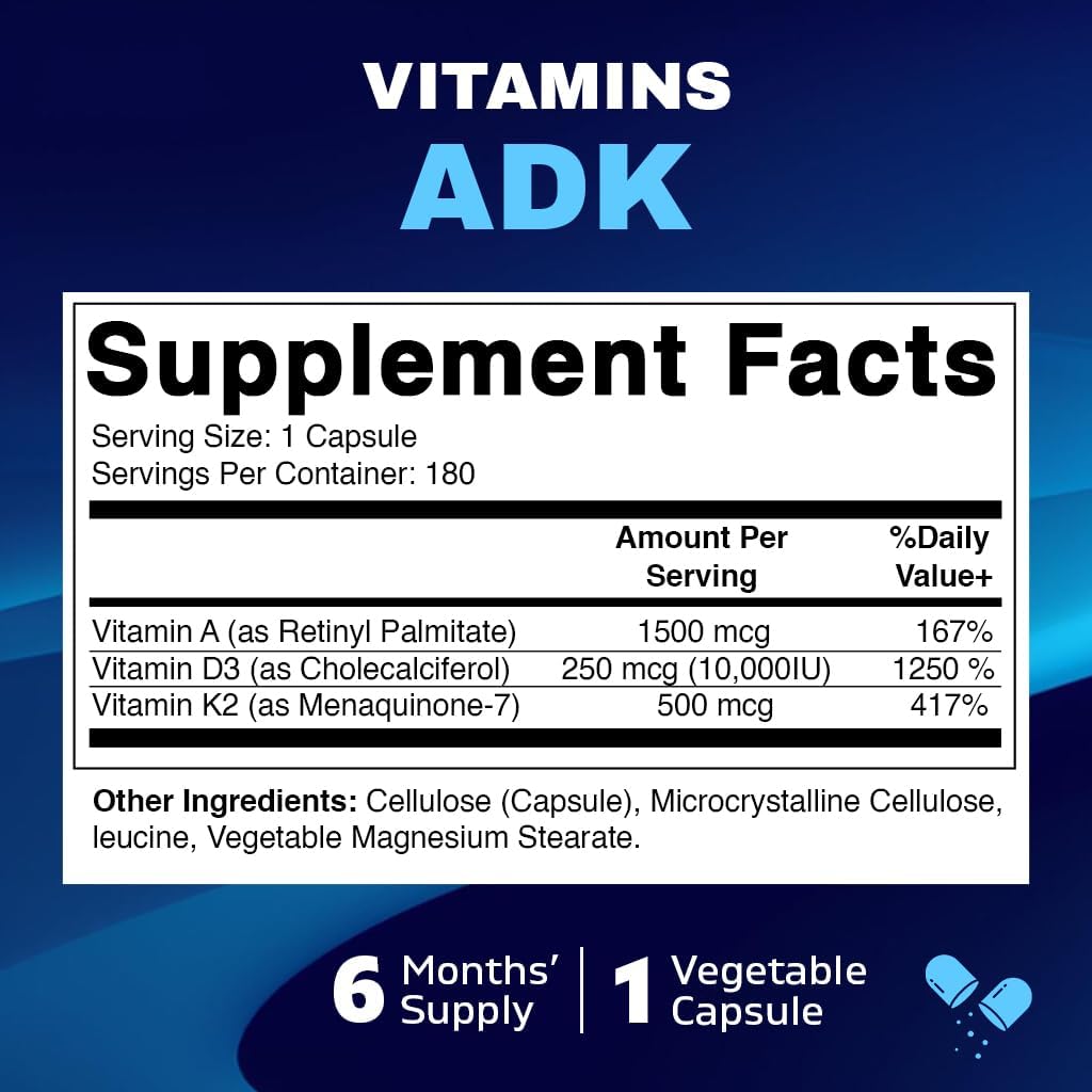 Vitamatic ADK Vitamin Supplement, 180 Veg Capsules, High Potency Vitamins A, D3, K2 for Bone Health, Calcium Absorption, Non-GMO, Gluten Free