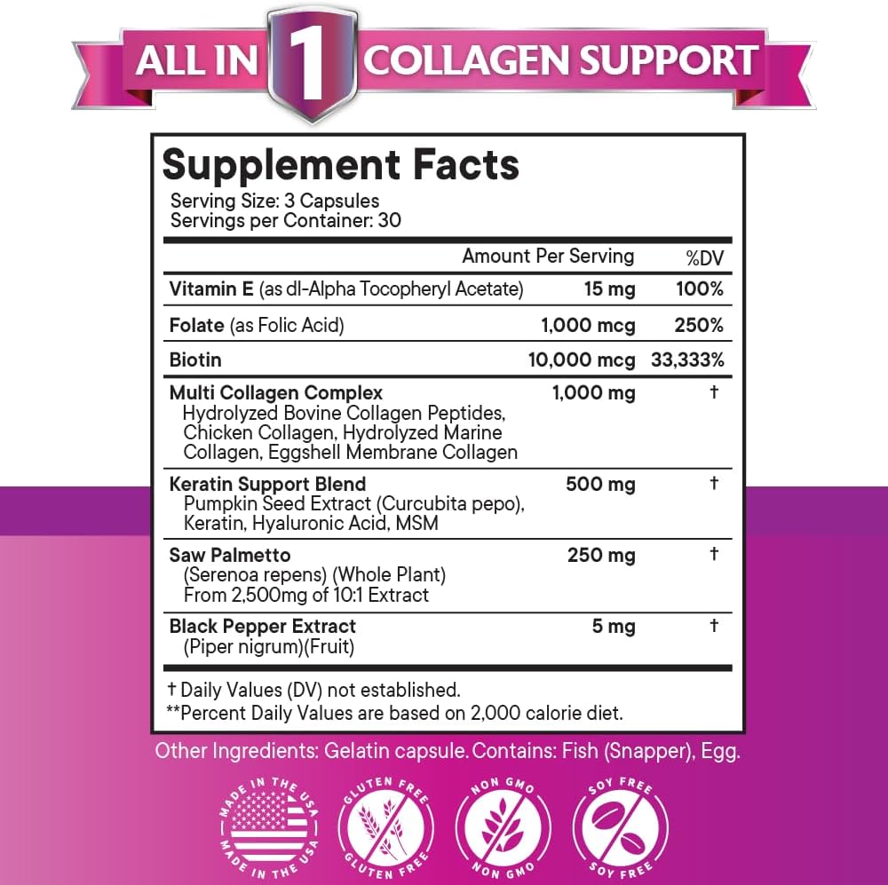 NEW AGE Collagen Pills Biotin Keratin Saw Palmetto Hyaluronic Acid - Hair Skin and Nails Vitamins and DHT Blocker with Vitamin E Folic Acid Pumpkin Seed MSM- 90 Count