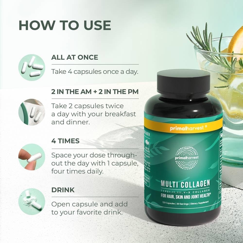 Primal Harvest 2 Pack, Multi Collagen Pills for Women and Men (Type I, II, III, V, X) Collagen Supplements for Women and Men, 120 Capsules w/Vitamin C for Hair, Skin, Nails Collagen Peptides Pills