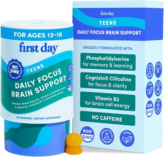 FIRST DAY Teen Brain & Focus Supplement Gummies Ages 13–18 | Study & Concentration Support with Cognizin® Citicoline & Phosphatidylserine | Vegan, Non-GMO, Caffeine-Free | 30-Day Supply