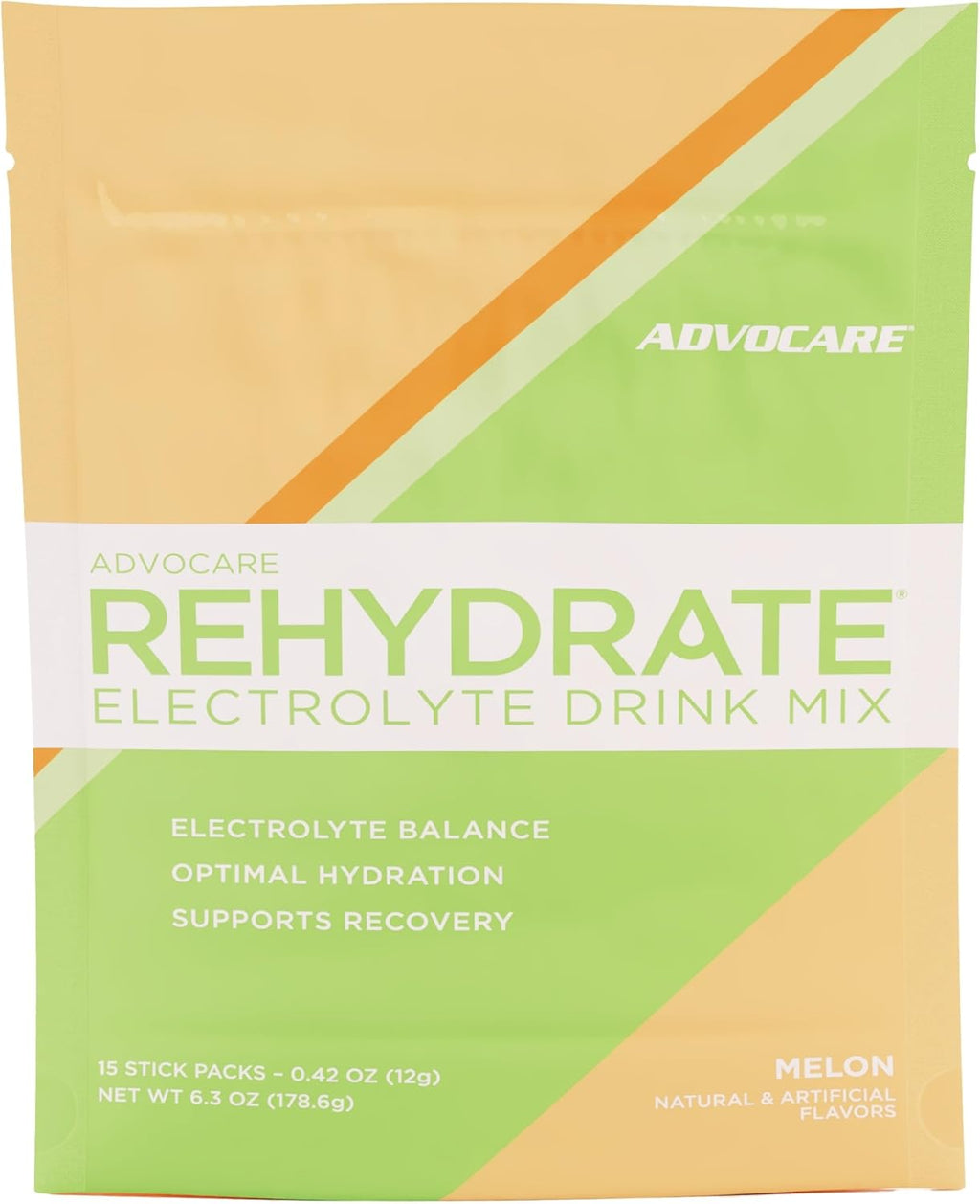 AdvoCare Rehydrate - Electrolyte Drink Mix - Includes Magnesium, Sodium, Potassium & Calcium - Antioxidant & Amino Acid Fortified - Hydration & Recovery - Melon, 15 Stick Packs (6.3 oz)