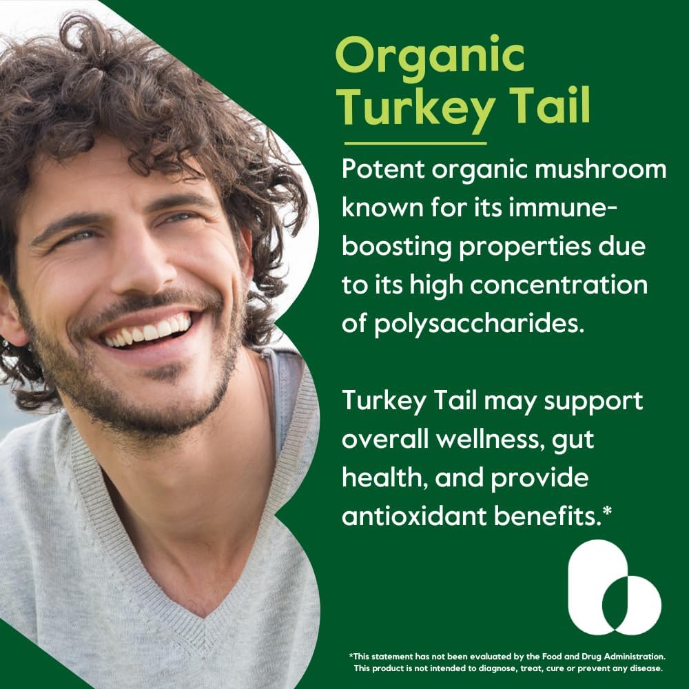 Organic Turkey Tail 500mg (120 Veggie Capsules) - No Stearates - Vegan - Non GMO - Gluten Free - Certified Organic Turkey Tail
