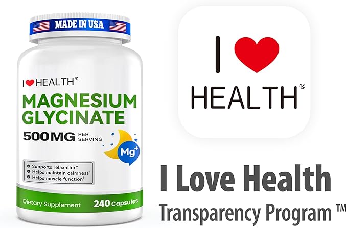 Magnesium Glycinate 500mg per Capsule – 240 Capsules – High Absorption Magnesium Supplement for Relaxation, Calmness & Muscle Support – Gentle on Stomach – Made in USA