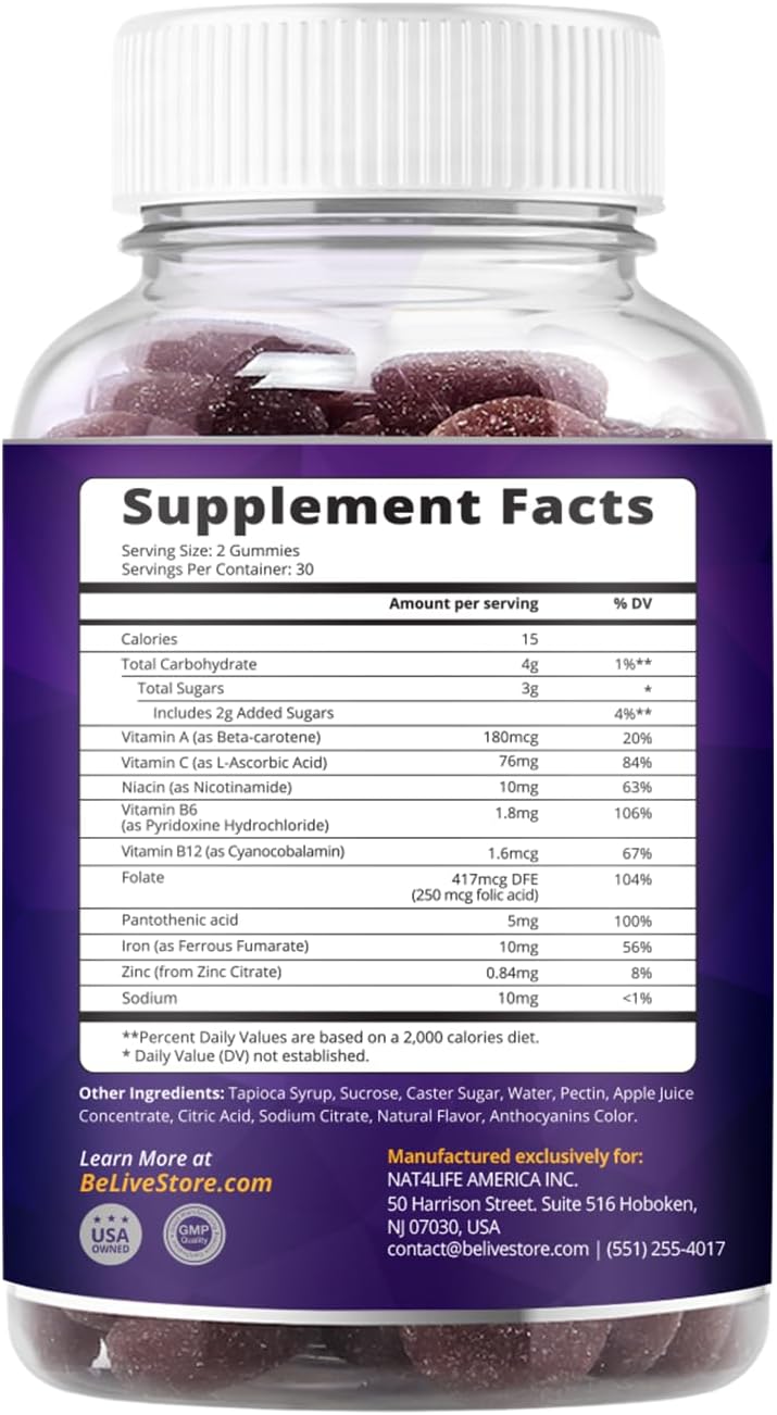 BeLive Iron Gummies - Multivitamin Supplement with Vitamin C, A, B & Zinc, Supports Blood Oxygen, Vegan Iron Supplements for Women, Men & Kids for Growth and Development - Grape Flavor | 1-Pack