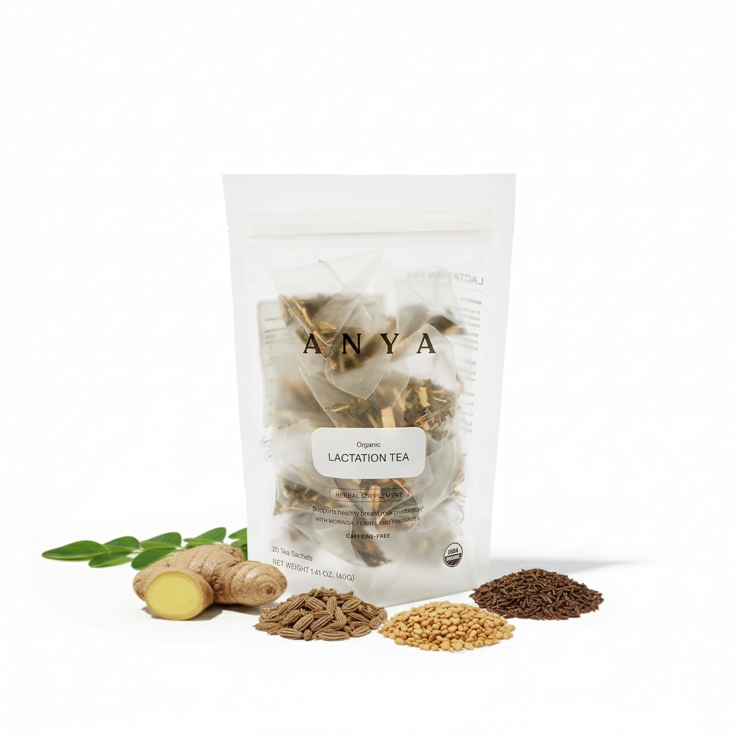 ANYA Herbal Lactation tea, 20 bags - Ginger, Moringa, Fenugreek, Toxicologist-approved, Breastfeeding Safe. Organic Essentials hydration for postpartum Moms, Breastmilk production Nursing support Baby Shower Gifts