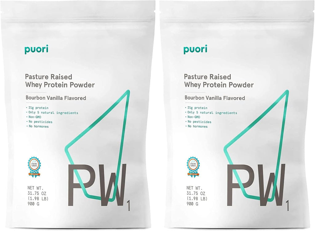 Puori Whey Protein Powder - Bourbon Vanilla - PW1 Pasture Raised, Grass-Fed & Non-GMO - 100% Natural and Pure for Muscle Growth - 21g Protein 1.98lbs, Pack of 2 - Gluten-Free