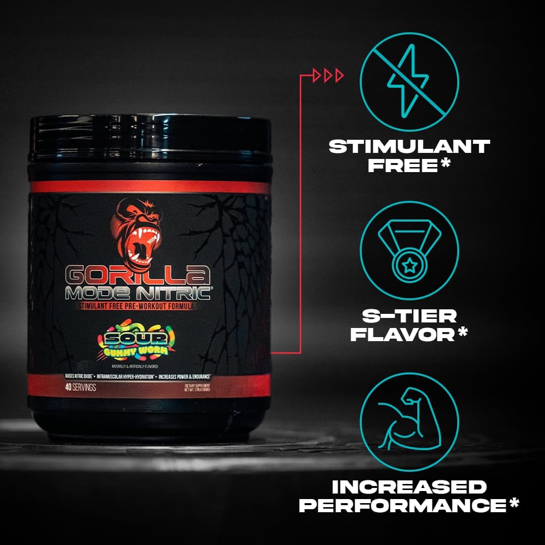 Gorilla Mode Nitric Upgraded Stimulant Free Pre-Workout – Best Tasting and Most Effective Stimulant Free Pre-Workout/Massive Pumps · Vasodilation · Power / 768 Grams (Volcano Burst)