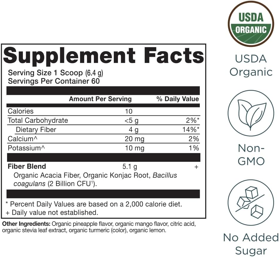 Ancient Nutrition Organic Fiber Powder, Pineapple Mango, Soluble Fiber from Acacia & Konjac Root, Supports Digestive Health, Reduces Bloating, 13.5 oz