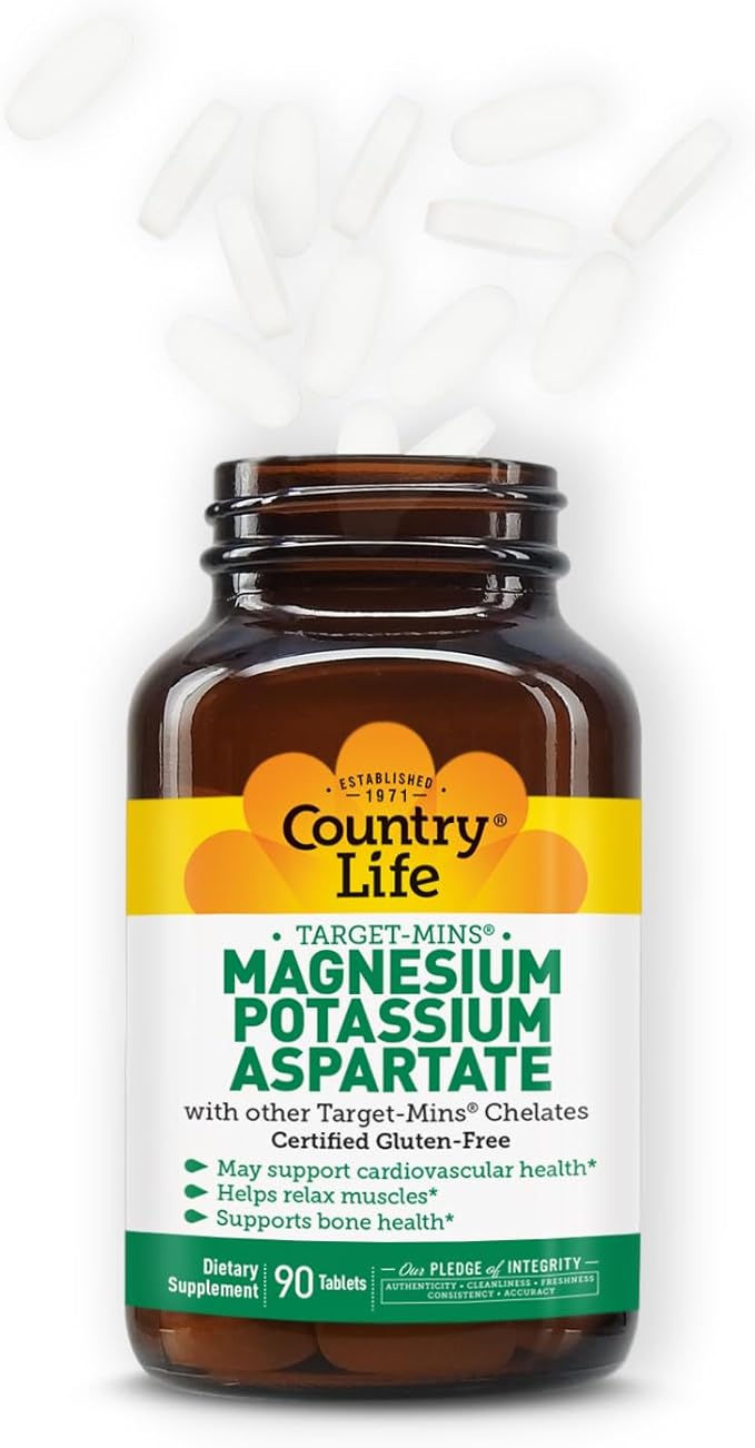 Country Life Target-Mins Magnesium Potassium Aspartate, 600mg/198mg, 90 Tablets, Certified Gluten Free, Certified Vegan