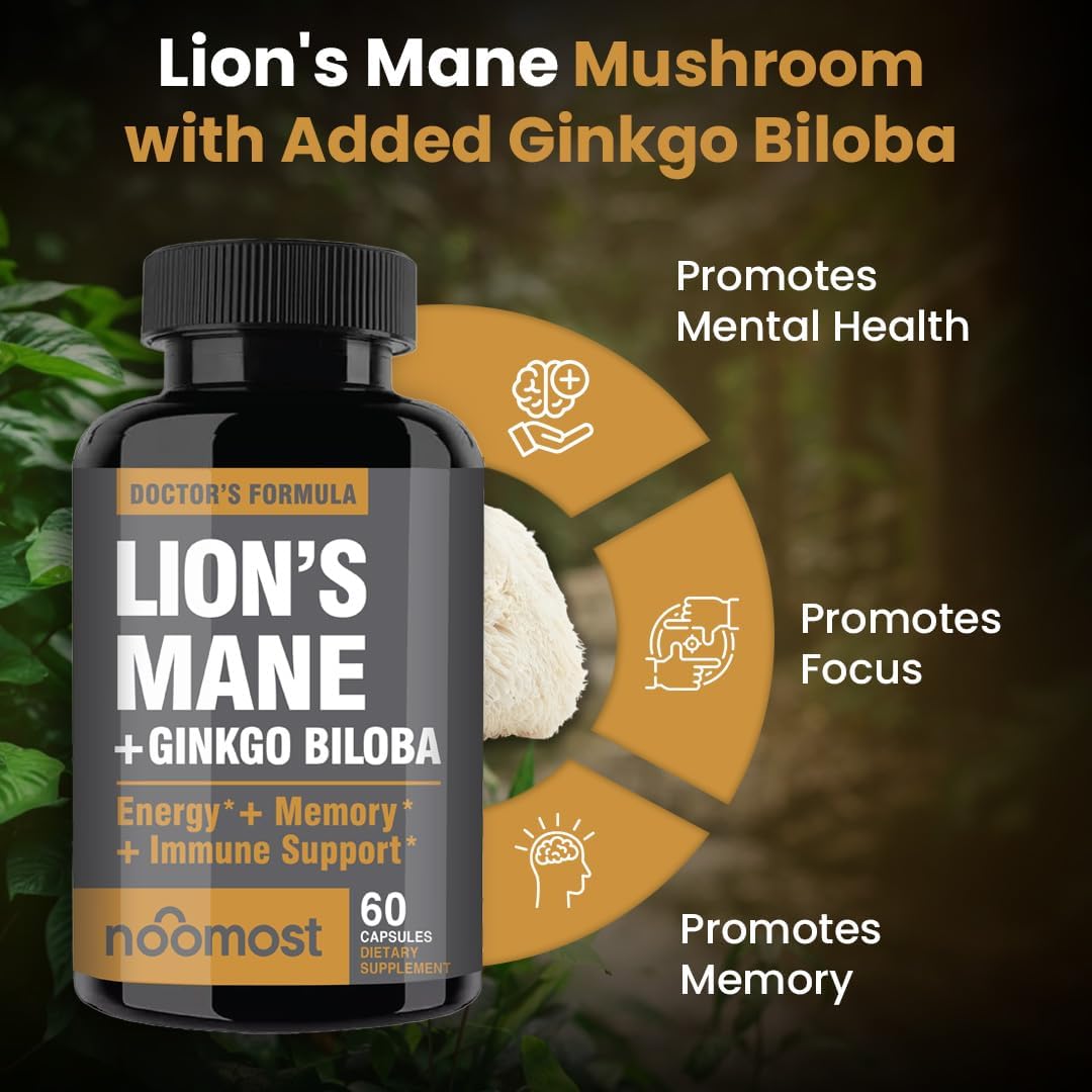 Lions Mane Supplement Organic Capsules - With Ginkgo Biloba - Cognitive Health, Focus & Memory Support - Natural Superfood for Brain, Energy & Immune Health - Non GMO- 60 Caps - 2 Month Supply