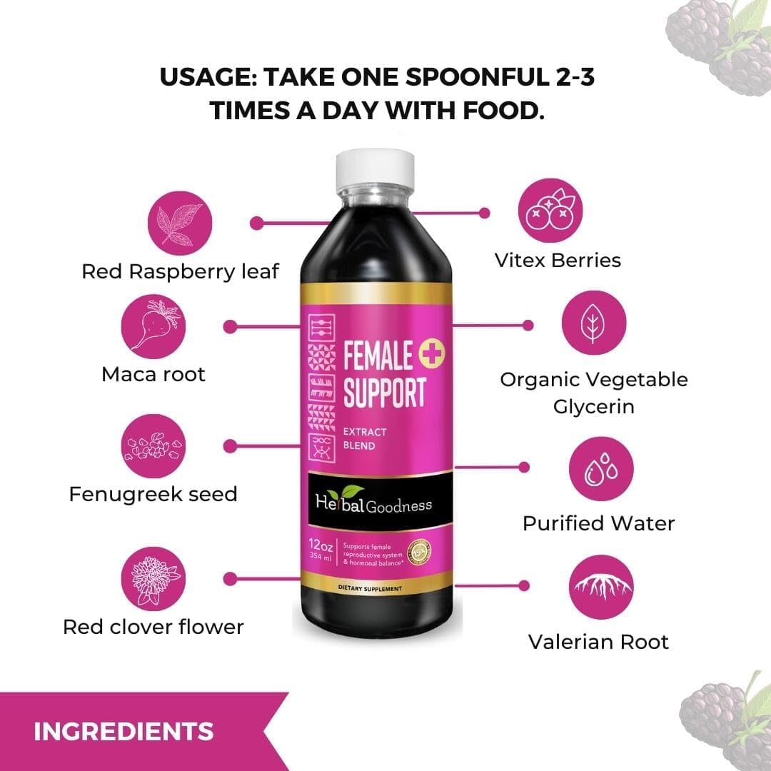 Herbal Goodness Female Support 12 fl. oz – Organic Herbal Supplement for Hormonal Balance, PMS, Menopause Relief, Gut & Reproductive Health – Maca, Vitex, Ashwagandha, Raspberry Leaf