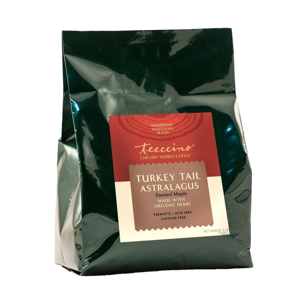 Teeccino Turkey Tail Astragalus Coffee Alternative, 5 Lb Bag - Toasted Maple - Adaptogenic Herbal Mushroom Coffee, Medium Roast, Caffeine Free, Prebiotic, Acid Free, All-Purpose Grind - 5 lb
