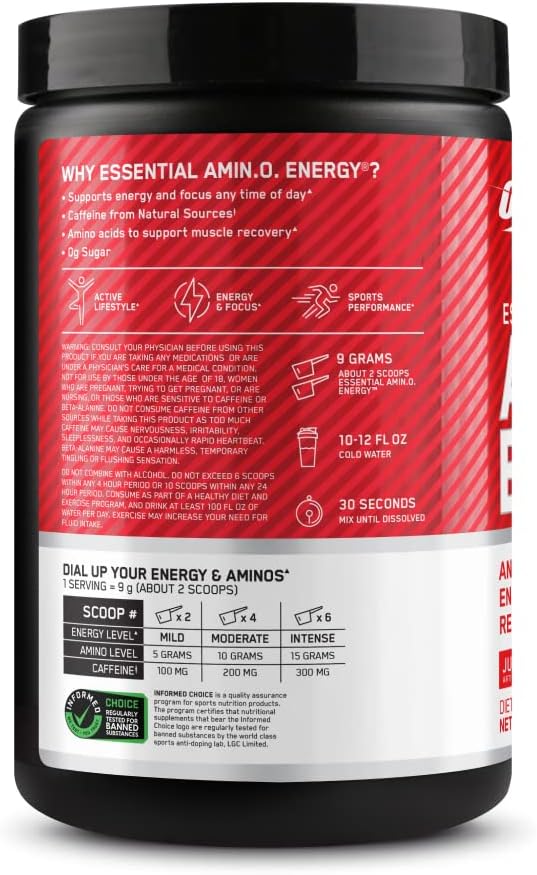 Optimum Nutrition Amino Energy Powder – Energy & Focus Pre Workout with Amino Acids, BCAA, Green Tea Caffeine & Coffee, Muscle Recovery Support – Juicy Strawberry, 30 Servings (Packaging May Vary)