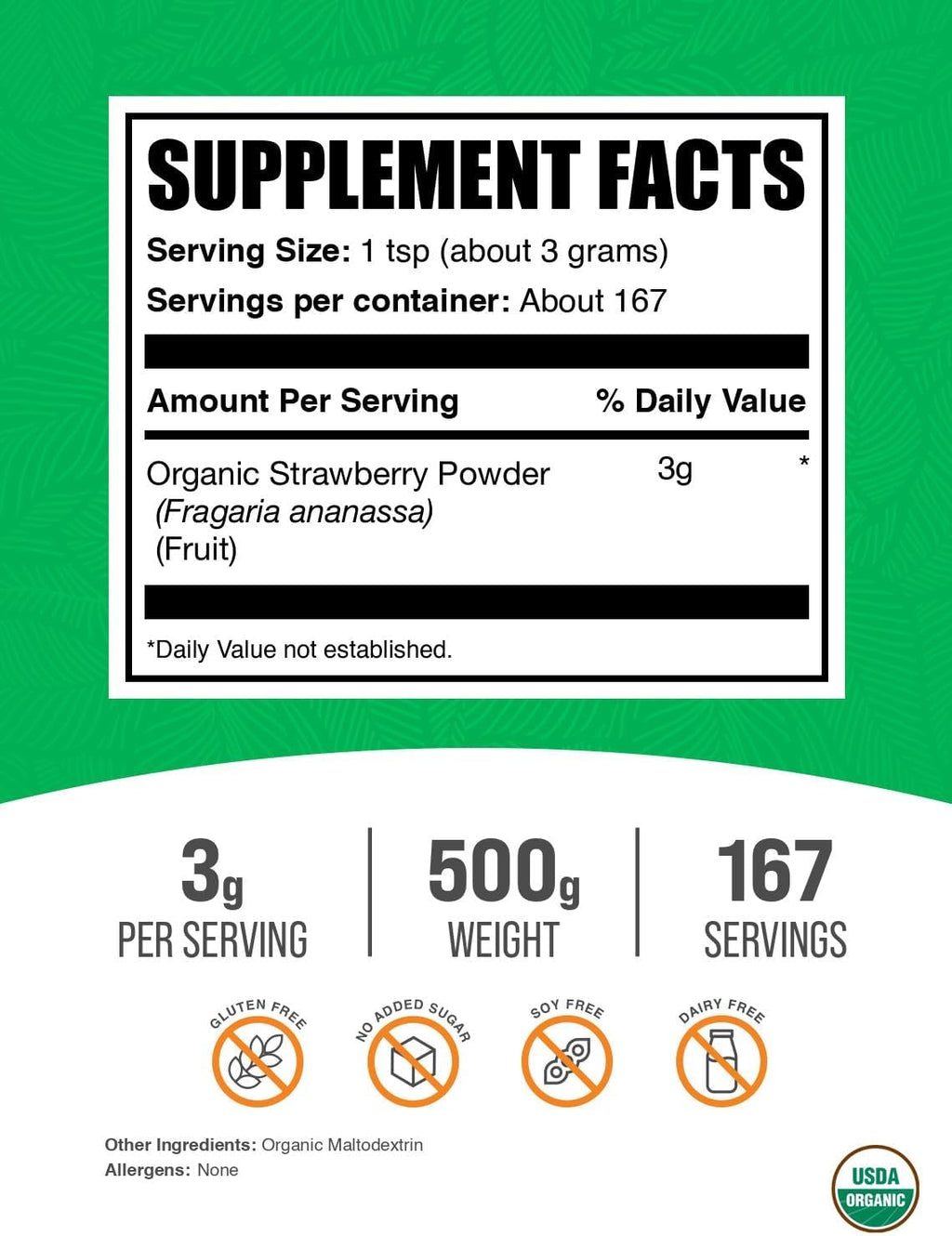 BulkSupplements.com Organic Strawberry Powder - Fruit Powder from Organic Strawberries - No Sugar Added & Gluten Free, 3g per Serving, 500g (1.1 lbs) (Pack of 1)