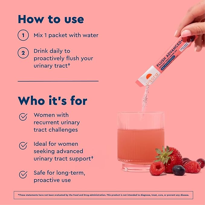 Uqora Flush Advanced+ - Helps Reduce Risk of Recurrent UTI** - with Cranberry, D-Mannose, Vitamin C, Vitamin B6 & Potassium - Gluten-Free & Vegan - Triple Berry Flavor - 30 Packets (3 Pack)