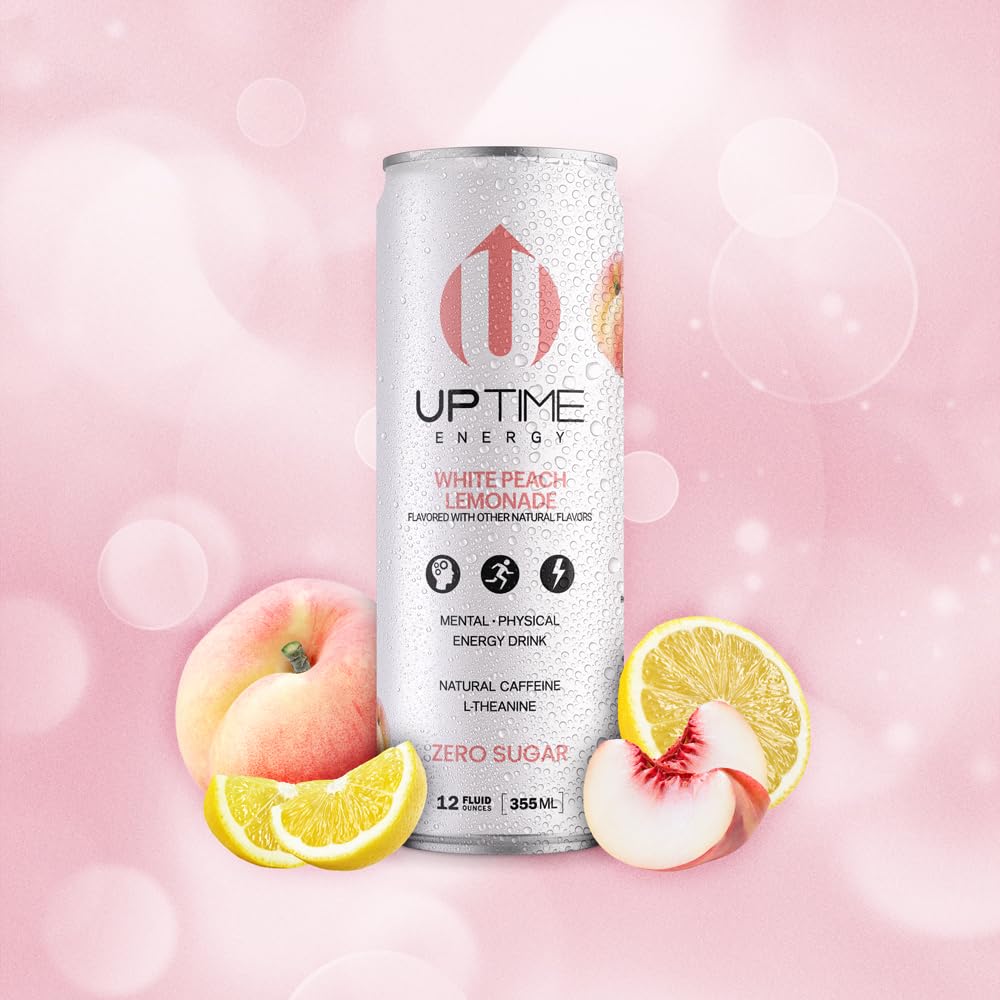UPTIME Energy Drink, White Peach Lemonade Sparkling, 12 Pack, Vitamin C, L Theanine, Calcium, Sugar Free Energy Drinks for Focus Support, 142mg of Natural Caffeine, 5 Calories, Clean, 12 fl oz Cans