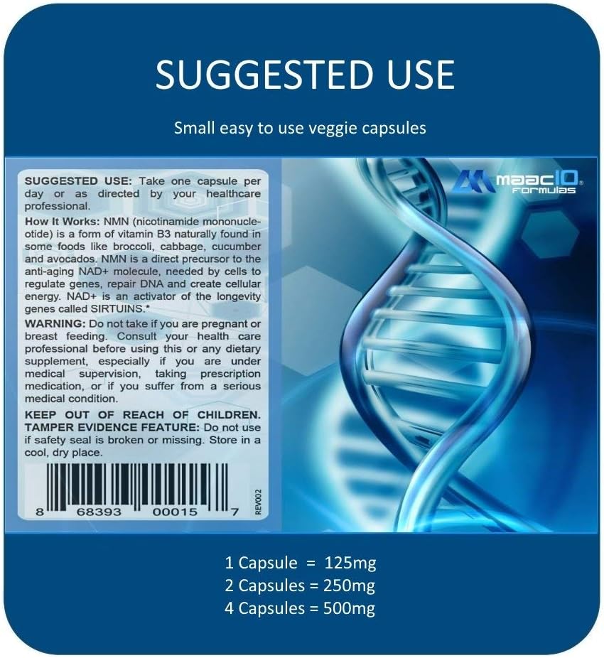 MAAC10 NMN Supplement Real Nicotinamide Mononucleotide (NMN 125mg Capsules). The Most Powerful NAD+ Precursor More Stable Than Riboside. We use 99% Pure Pharmaceutical Grade Stabilized NMN (90 Count)