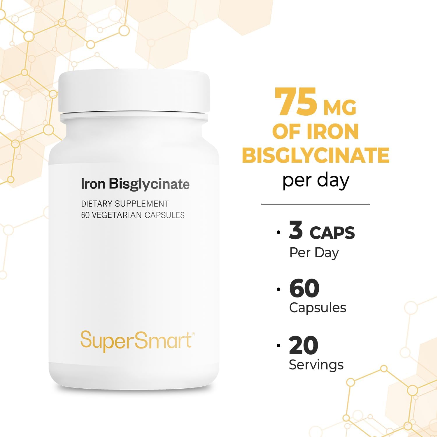 SuperSmart - Iron Bisglycinate 75mg per Day (High Absorption) - Gentle Iron Bisglycinate Supplement - No Side Effects | Non-GMO & Gluten Free - 60 Vegetarian Capsules