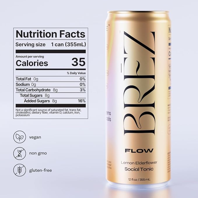 BRĒZ FLOW Lion’s Mane Mushroom Drink 48 Pack, Lemon Elderflower, Supports Mood & Focus, Non-Alcoholic Sparkling Adaptogen Drink, Functional Mushrooms, Feel Clear, Calm & Refreshed- 12 Fl oz Cans