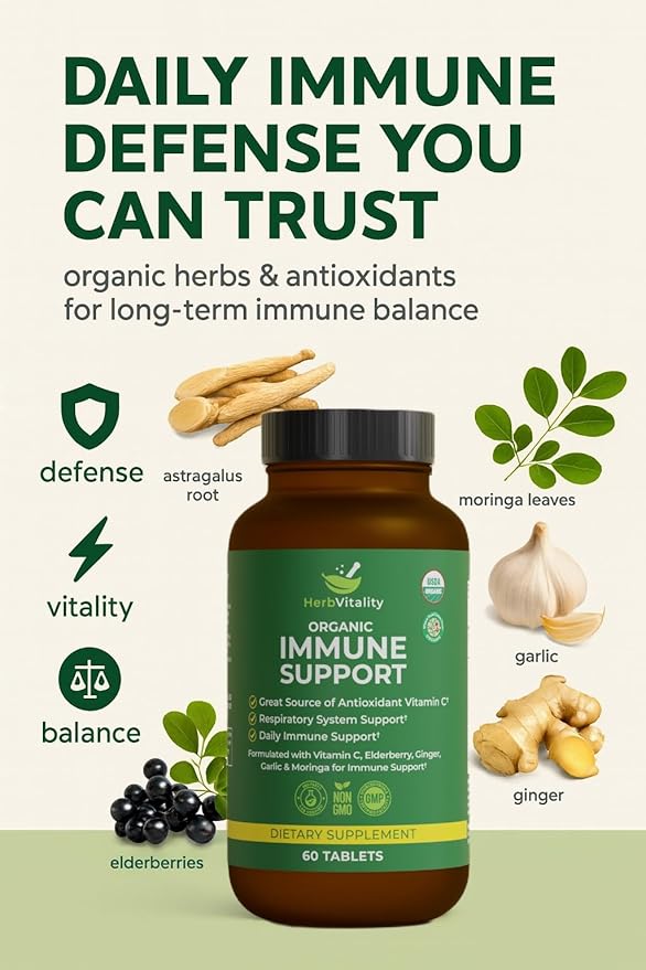 Organic Immune Support Supplement – Elderberry, Vitamin C, Astragalus, Ginger & Moringa – Daily Herbal Complex for Immune Health, Respiratory Defense & Antioxidant Protection - 60 Tablets