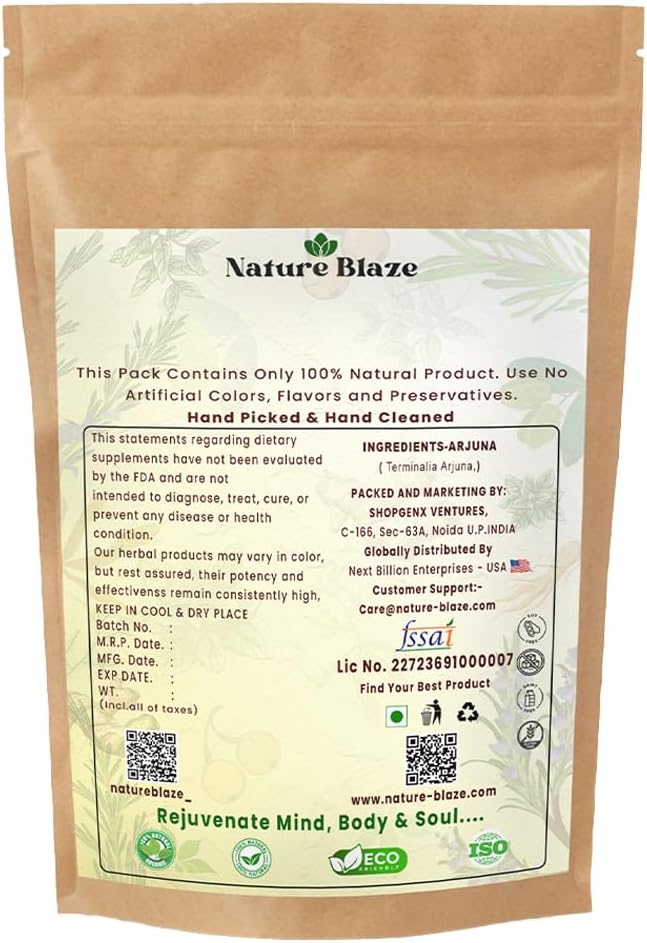 Nature Blaze Arjuna Powder | Terminalia Arjuna | Finely Ground Botanical Powder | No Additives, Preservatives, or Fillers | Traditional Ingredient | 100Gm / 3.5 Ounce