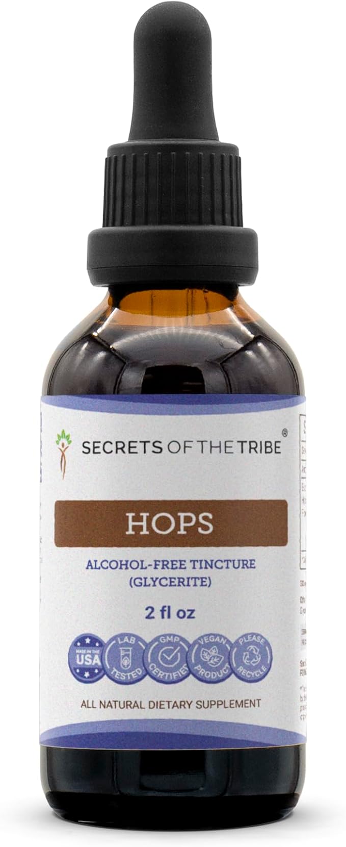 Secrets of the Tribe Hops Tincture Alcohol-Free Liquid Extract, Hops (Humulus Lupulus) Dried Flower (2 FL OZ)