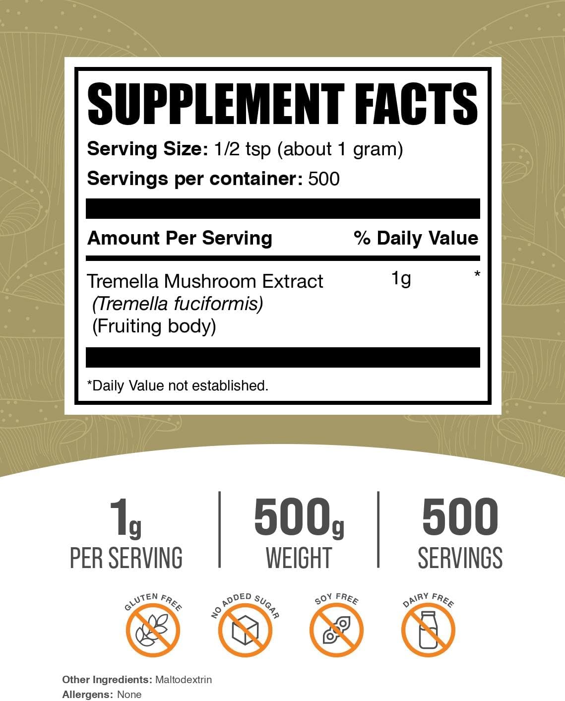 BulkSupplements.com Tremella Mushroom Extract - Tremella Fuciformis Extract, Mushroom Supplement - Vegan & Gluten Free, 1g per Serving, 500g (1.1 lbs) (Pack of 1)