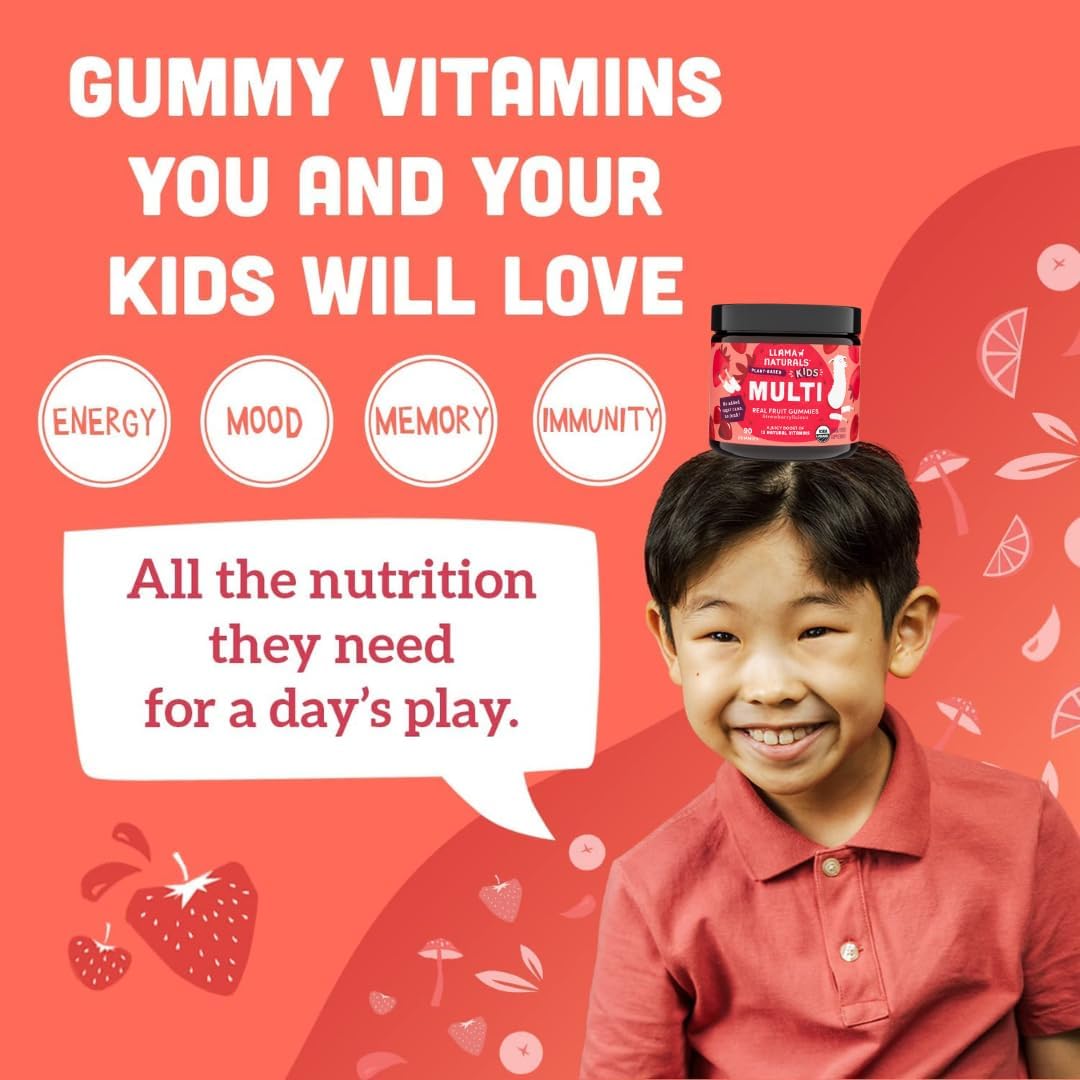 Llama Naturals Kids Multivitamin Gummies, Vegan, Organic with Vitamin D, C & K, Toddler Real Fruit Gummy Vitamins, Chewable Supplement, Whole Food Multivitamin, No Added Sugar Cane, Strawberry, 2 Pk