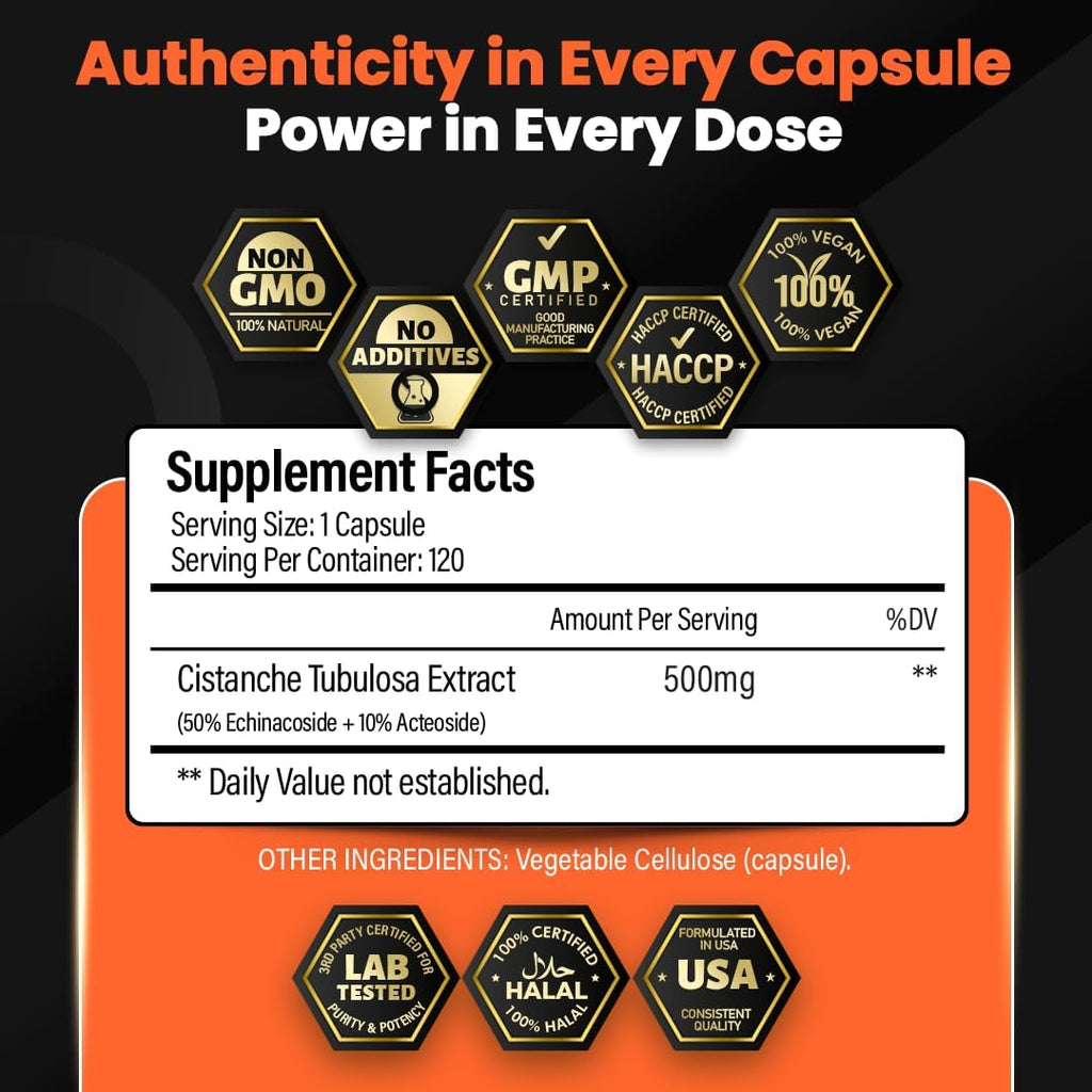Premium Cistanche Tubulosa Extract 500mg (120 Capsules) - 50% Echinacosides,10% Acteosides - Natural Nootropic for Stamina, Immunity and Memory - No Fillers, Hormone Balance - Strength Booster for Men