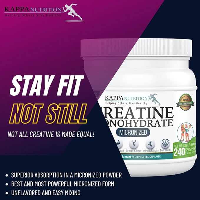 Kappa Nutrition Creatine Monohydrate Powder, Pure Amino Acid Formula, Supports Muscle Strength, Cellular Energy & Mental Focus* Gluten-Free, Keto, 2.25g per Scoop, 240 Servings, Net Wt. 1.32 LB (600g)