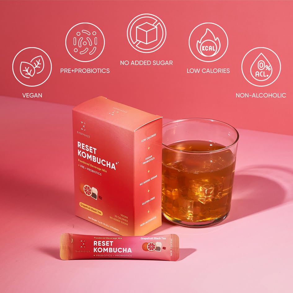 EVERYDAZE Reset Kombucha Tea Powdered Beverage Mix | 30 Pack (3 x 10ct) | Prebiotics + Probiotics | Vegan | No Added Sugar, Low Calorie, Gluten-Free, Sparkling Powder Drink (Grapefruit Black Tea)
