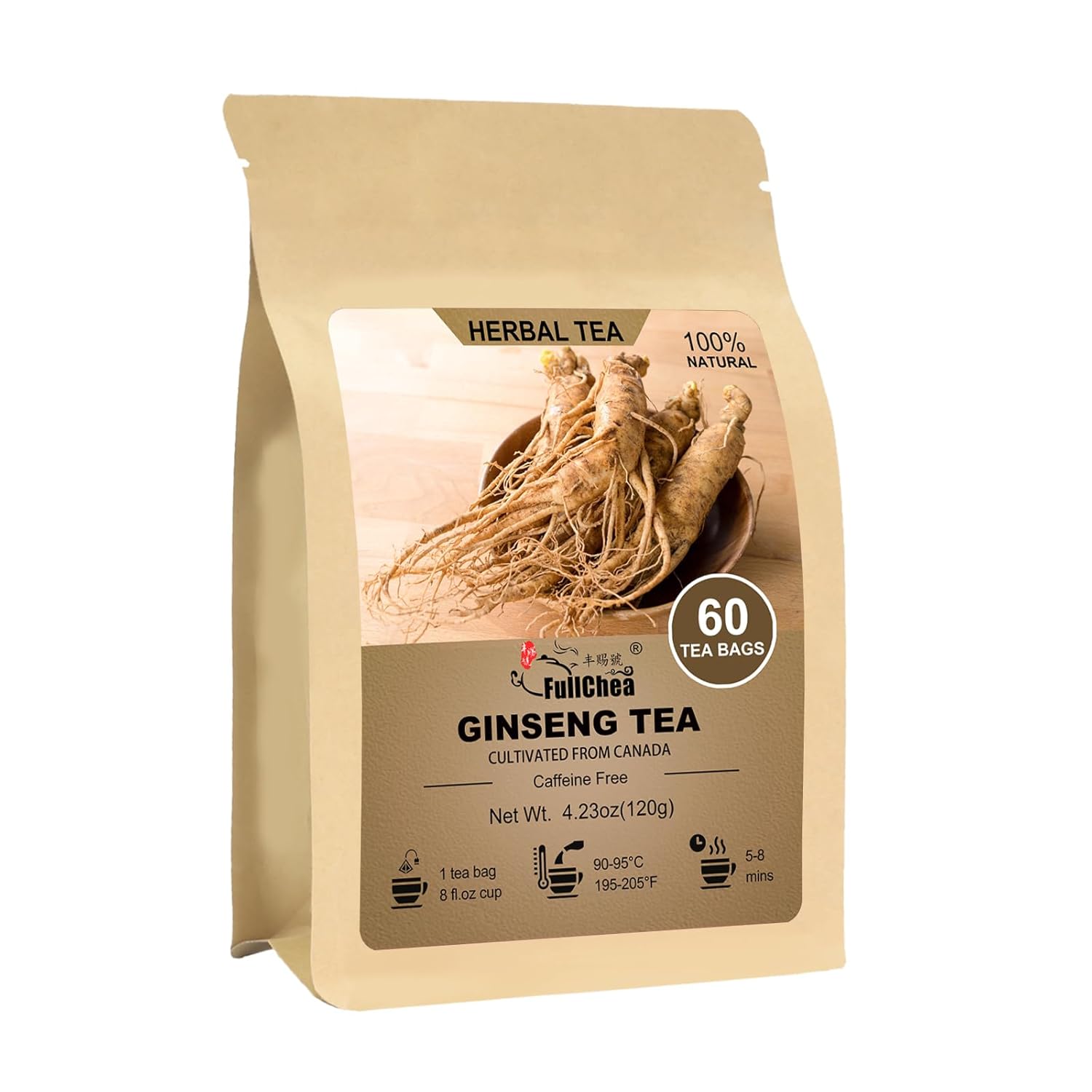 FullChea - Diverse All-Natural Herbal Tea Collection - Variety Pack for Easy Brewing - Ginseng Tea /60 Count (Pack of 1)