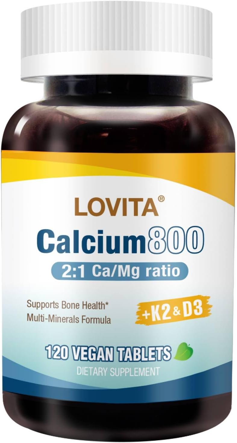 Lovita Calcium 800 mg, Highly Absorbable Bone Support with Magnesium, Vitamin D3 & K2 | Plus Zinc, Copper & Manganese, 120 Vegan Tablets