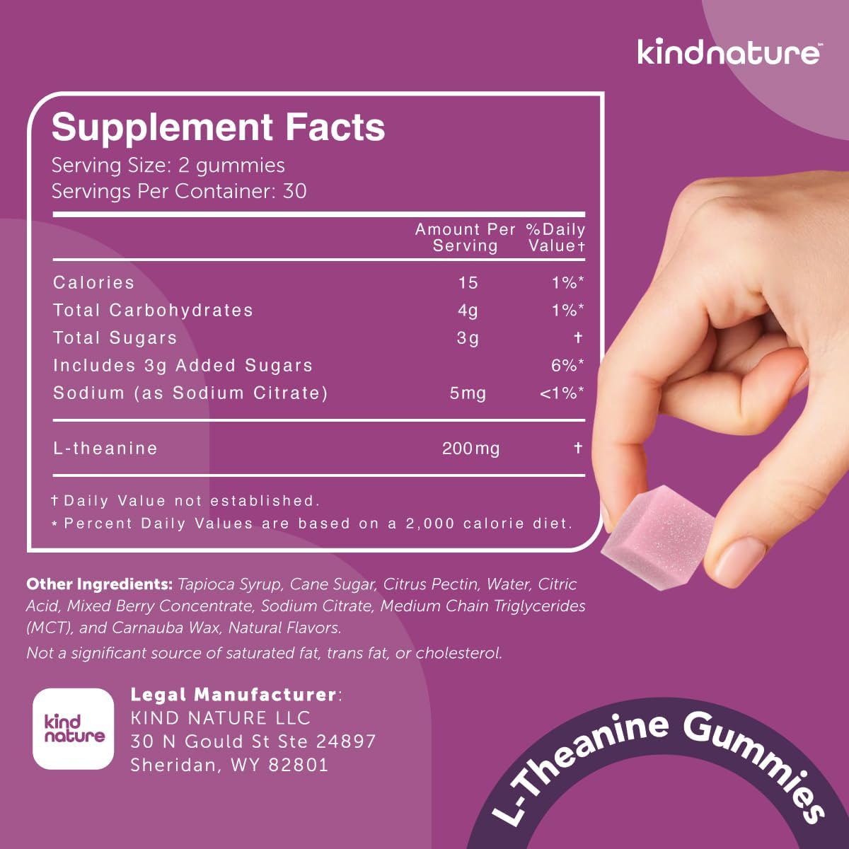 kindnature L-Theanine Gummies 200mg – Vegan Calm & Focus Supplement for Adults & Kids Ages 4+ – Mixed Berry Chewable, Low Sugar, Non-Drowsy*