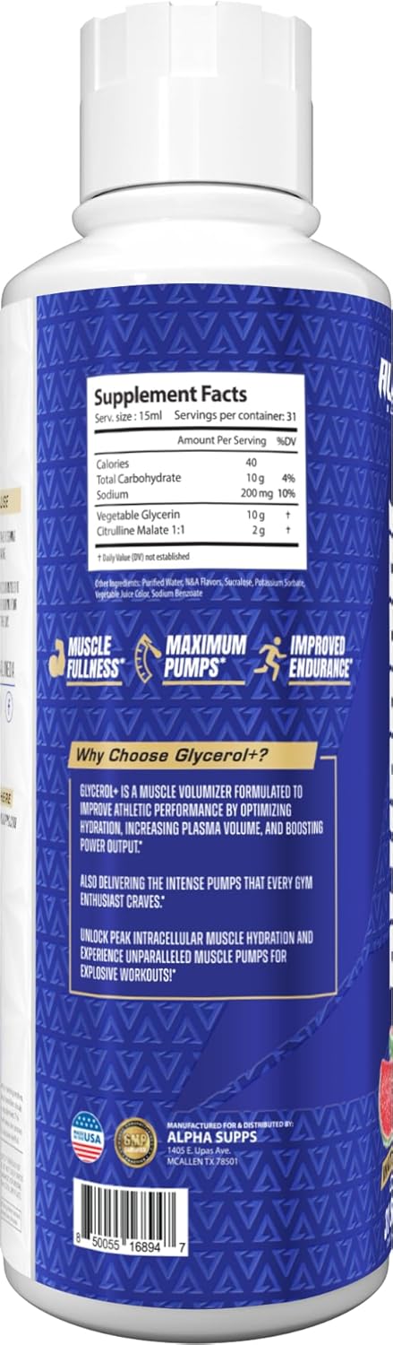 Glycerol+ Liquid Pump Formula - Stim-Free Liquid Glycerol and Citrulline High-Performance Supplement for Enhanced Muscle Pumps, Hydration, & Endurance (31 Servings, Watermelon Candy)