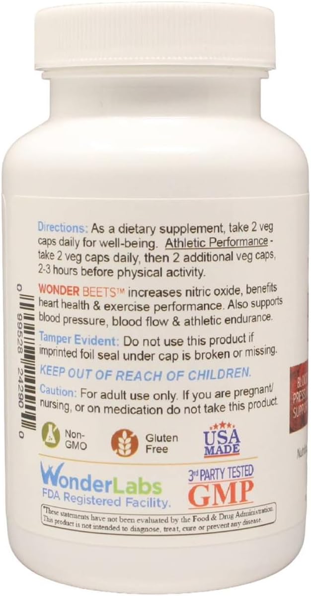 Wonder Beet Beet Root Capsules 1100mg, Standardized to 2% Nitrates, Helps Support Nitric Oxide Production, Blood Pressure, Heart Health, Contains Non-GMO Beetroot Powder and Grape Seed Extract (180)