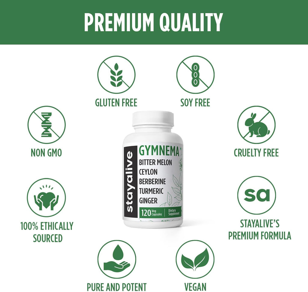 STAY ALIVE Gymnema Sylvestre 25:1 Extract, 120 Capsules with Bitter Melon, Ceylon Cinnamon, Berberine, Turmeric, Ginger, Amla Powder and Fenugreek, Non-GMO & Gluten Free Gymnema Sylvestre Supplement