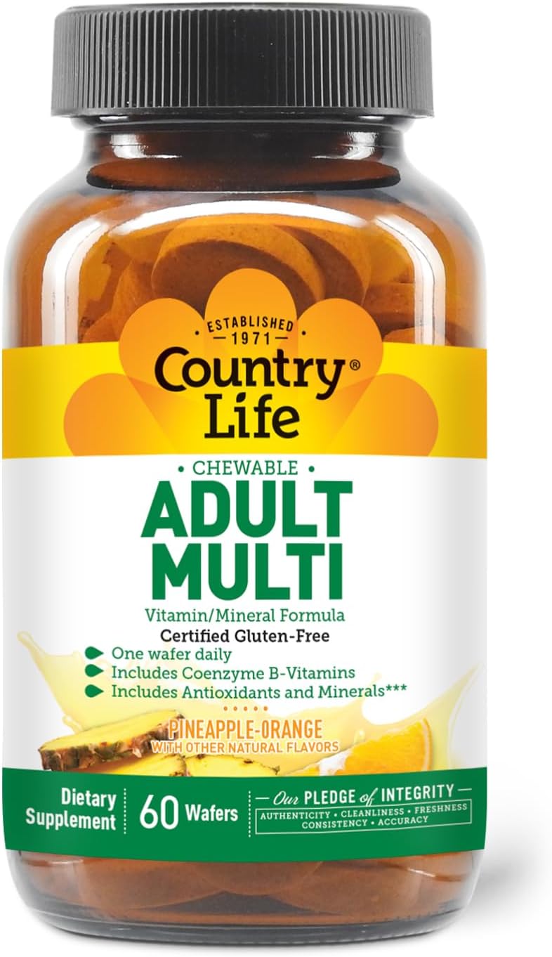 Country Life Adult Chewable Multivitamin with Coenzyme B-Vitamins, Antioxidants, Minerals, Pineapple-Orange Flavor - Supports Energy Metabolism and Immune Health, Gluten Free - 60 Wafers