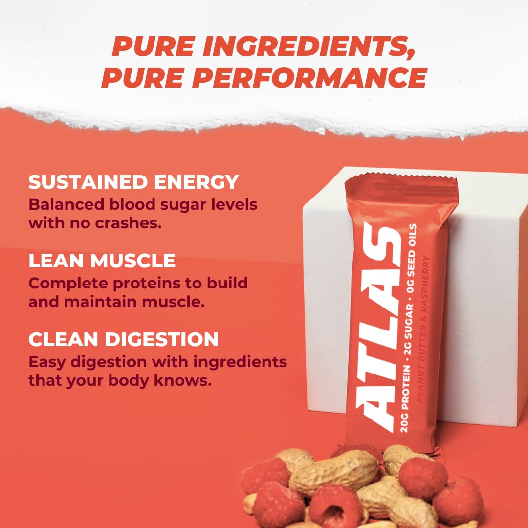 Atlas Protein Bars - 20g Protein, 2g Natural Sugar, 0g Seed Oils (Peanut Butter Raspberry, 24 Count)