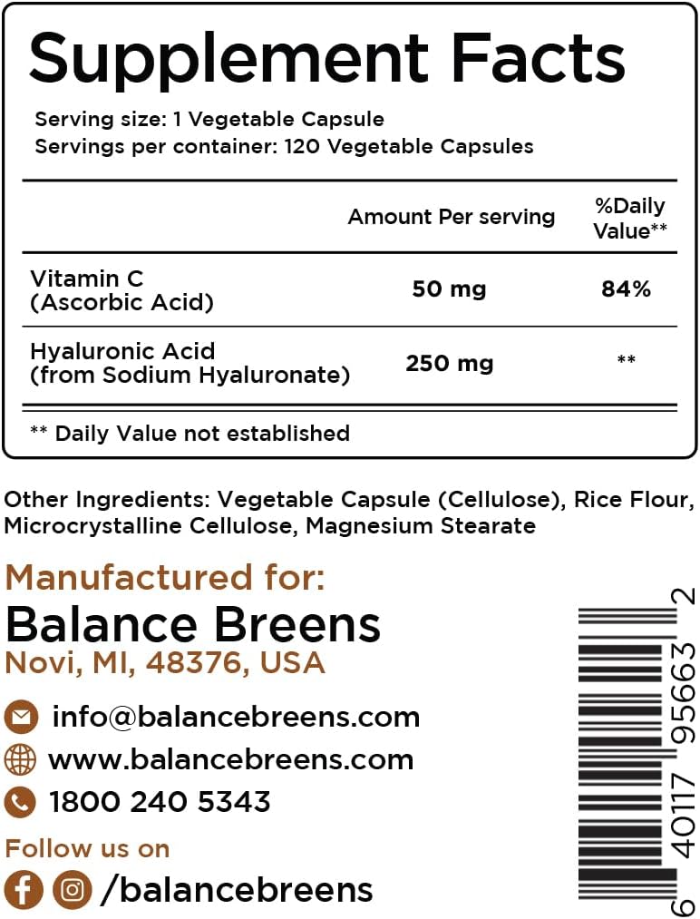 Pure Hyaluronic Acid Supplement 250mg with Vitamin C 50mg, 120 Vegan Capsules - Skin Hydration for Natural Glow, Hair, Nails, Bone & Joint Health Formula